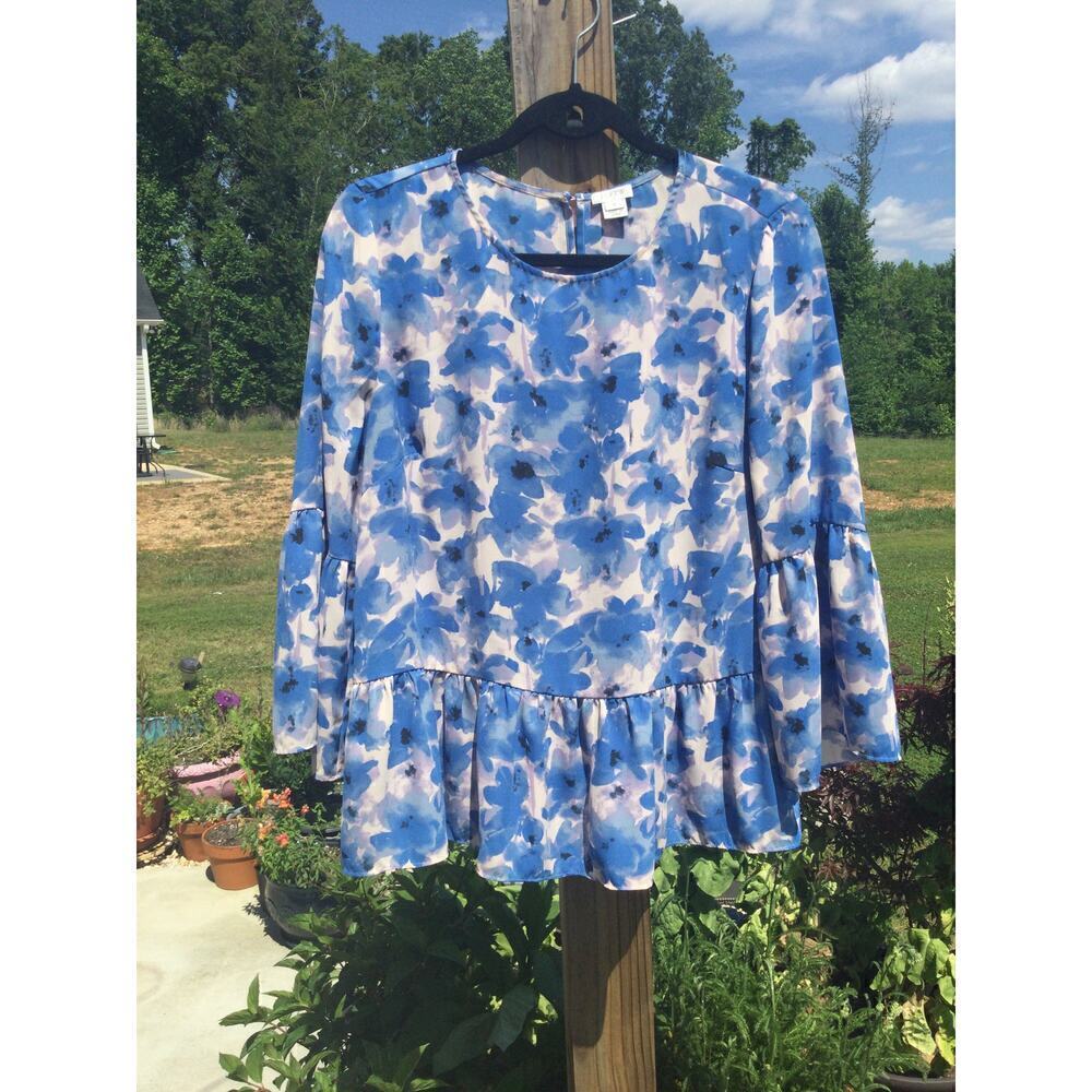 J.crew‎ blouse womens M chiffon shirt top floral blue purple watercolor ruffle
